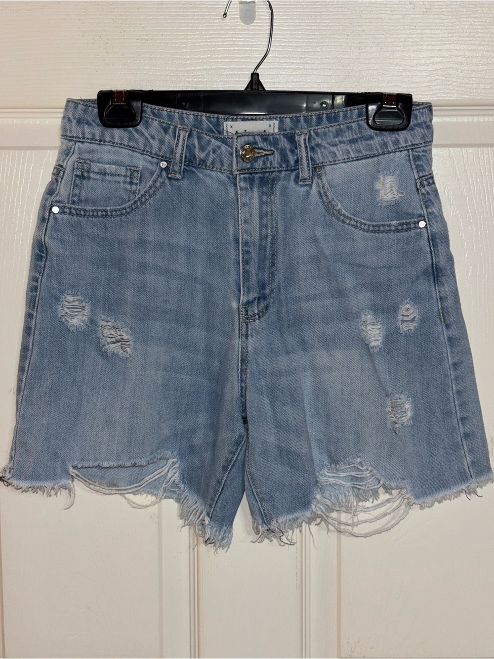 High-Rise Light Blue Distressed Denim Shorts - Women - Picture 2 of 4